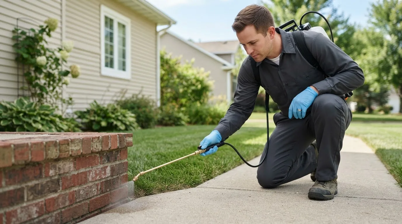 Pest control technician treating a home near Pittsfield, IL